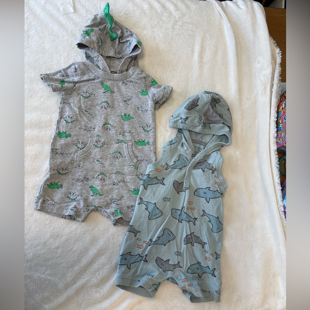 Carters summer rompers 12 months hood set of two sharks and dinosaurs baby boy